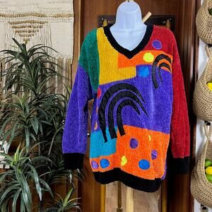 Vintage 90s Colorblock Chenille Sweater M 80s Abstract Art Retro Statement Knit